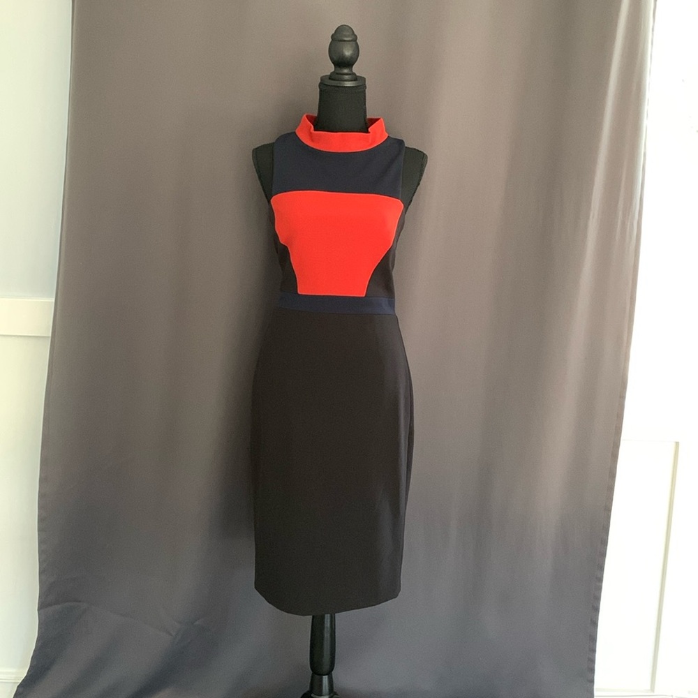 Badgley Mischka Sleeveless collared black red and blue dress. Size 4.